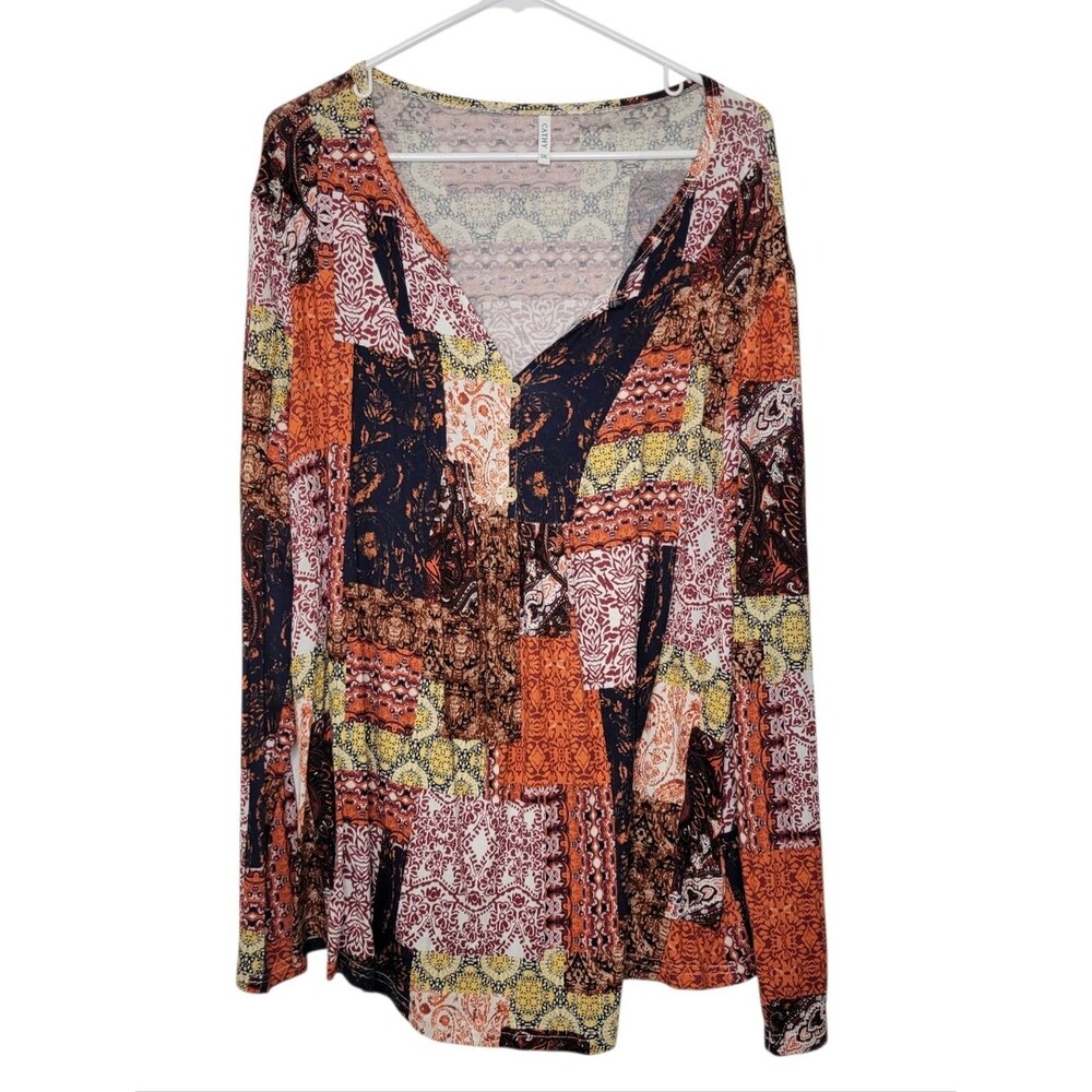 Cathy Size 3X Patchwork Print Boho Long Sleeve V-Neck Blouse